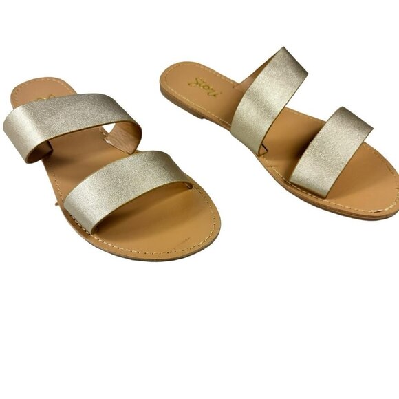 Gold Metallic Double Wide Straps Slide Sandal‎ Women's Slip on Size 8 - Picture 2 of 9